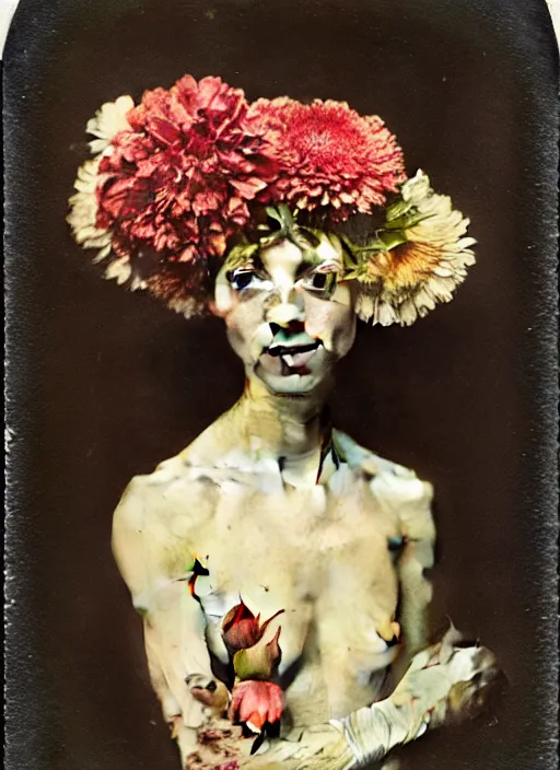 Image similar to beautiful and detailed rotten woman made of plants and many types of stylized flowers like carnation, chrysanthemum, roses and tulips, greek ornamentation, intricate, surreal, john constable, guy denning, gustave courbet, caravaggio, romero ressendi 1 9 1 0 polaroid photo