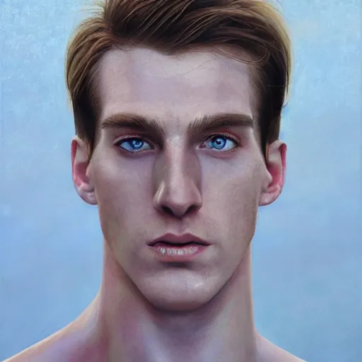 Image similar to 2 4 - year - old man, masculine face, hyper masculine features, very tall and muscular, extremely pale skin, square jaw, ginger hair, sapphire blue eyes, hyper realistic face, beautiful eyes, highly detailed, digital painting, smooth, sharp, strong face, expressive eyes, medium long wavy ginger hair, art by greg rutkowski and alex gray