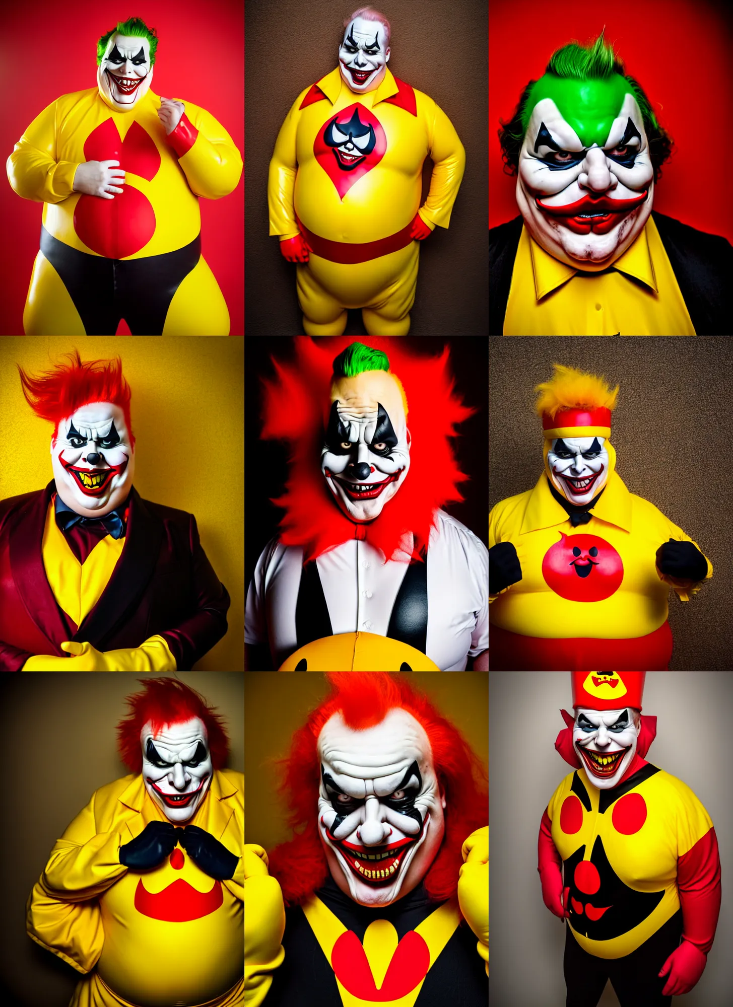 Prompt: wide angle lens portrait of a very fat sinister looking joker dressed in yellow and red rubber latex Ronald Macdonalds costume, red hair, a Macdonalds logo on his chest, photography inspired by Oleg Vdovenko