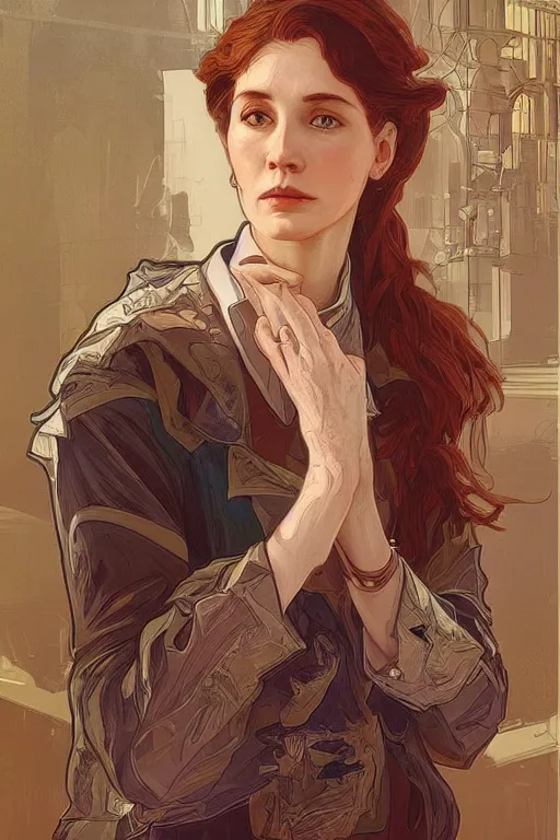 Image similar to portrait of rossa as an architect, highly detailed, digital painting, artstation, concept art, sharp focus, illustration, art by kittichai rueangchaichan and james gurney and alphonse mucha