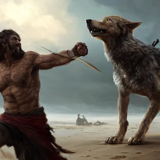 Prompt: an spartan man fighting with an wolf on a beach, Matte painting , detailed painting, made by Greg Rutkowski, 4k, atmospheric