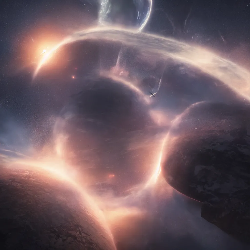 Image similar to An incredibly beautiful but ominous matte painting depicting a space hurrican hitting a planet, nvidia, vray, evening, epic scale, octanerender