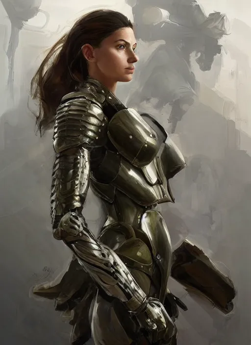 Image similar to a professional painting of a beautiful young female, clothed in military armor, olive skin, long dark hair, beautiful bone structure, symmetrical facial features, intricate, elegant, digital painting, concept art, smooth, sharp focus, illustration, from Metal Gear, by Ruan Jia and Mandy Jurgens and Artgerm and William-Adolphe Bouguerea