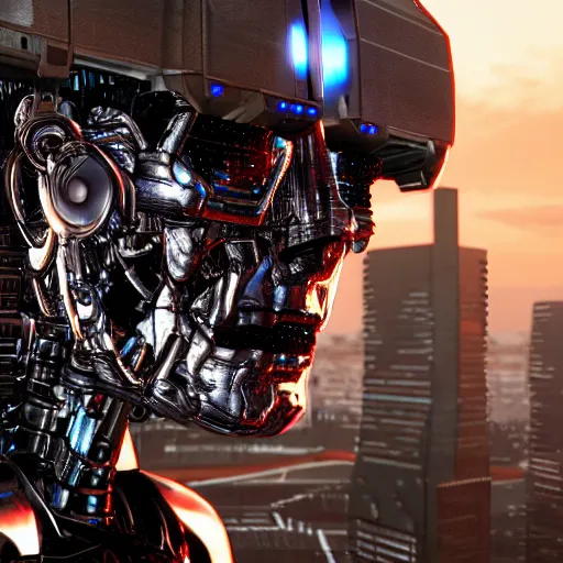 Image similar to closeup on the head of a terminator with borg enhancements, cameras for eyes, open head without plating and all components and gears are visible inside, ultra detailed 8k. There is a dystopian city in the background. Rendered with unreal 5 engine with ray tracing and tessellation