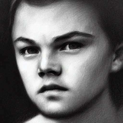 Image similar to portrait drawing of young leonardo dicaprio, by Ilya Repin, charcoal, pencil, 20th century russian academic art, naturalistic, somber, loose line work