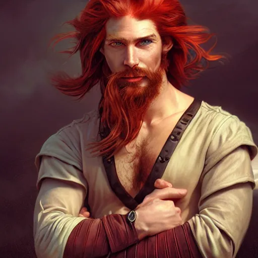 Image similar to portrait of a young ruggedly handsome but joyful pirate, male, masculine, upper body, red crimson hair, long hair, fantasy, devious smirk, intricate, elegant, highly detailed, digital painting, artstation, concept art, matte, sharp focus, illustration, art by artgerm and greg rutkowski and alphonse mucha