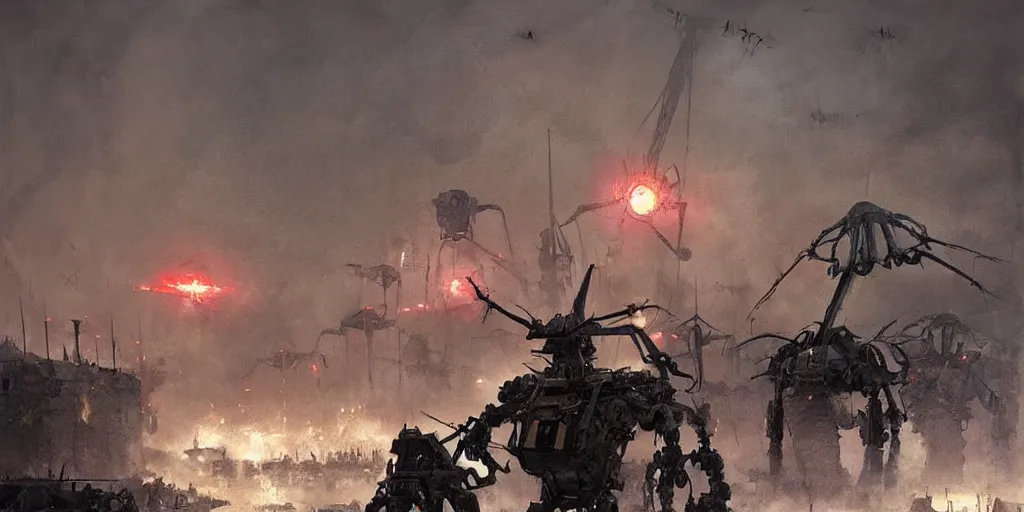 Image similar to war of the worlds, giant mech, human soldiers, intense fighting, glowing lights! digital painting, very detailed, art by jakub rozalski