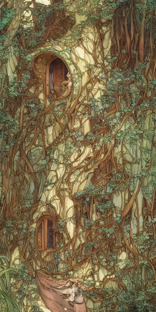 Image similar to an elvish house in the Woods, fantasy, art nouveau, architecture, fungi, daylight, warm light, spring, studio ghibli, Moebius, alphonse mucha, siya oum, ultra detailed, High definition, Sharp