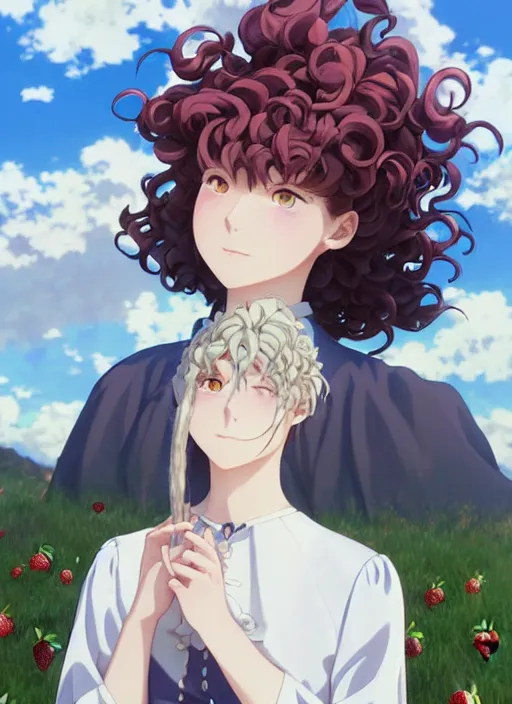 Image similar to Painting of a cottagecore witch with curly strawberry hair in the style of Violet Evergarden, beautiful anime art style, winged eyelashes, countryside, calm, fantasy character portrait, dark outlines, dynamic pose, above view, sunny day, artwork by Makoto Shinkai, very coherent asymmetrical artwork, sharp edges, perfect face, simple form, 100mm