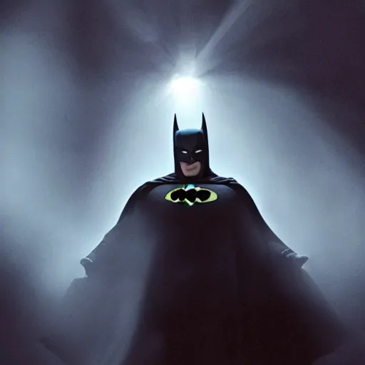 Image similar to the real vampire batman, cinematic lighting, god rays through fog, cape, cave, mood scary, film quality,