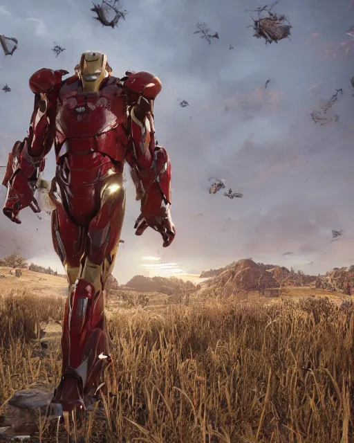Image similar to robust and bulky iron man suit in red dead redemption 2, cinematic, photorealistic