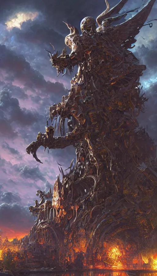 Prompt: i have become death the destroyer of worlds, kamplian, artwork by artgerm, ultra high detail, intrinsic detail, glossy finish, 4 k resolution, landscape by arik brauer and thomas kinkade, art by stephan martiniere and ted nasmith