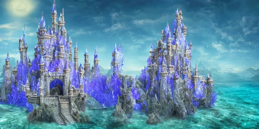 Image similar to a large fantasy castle made out of crystals standing in the middle of the sea,beautiful scenery,4k,high quality