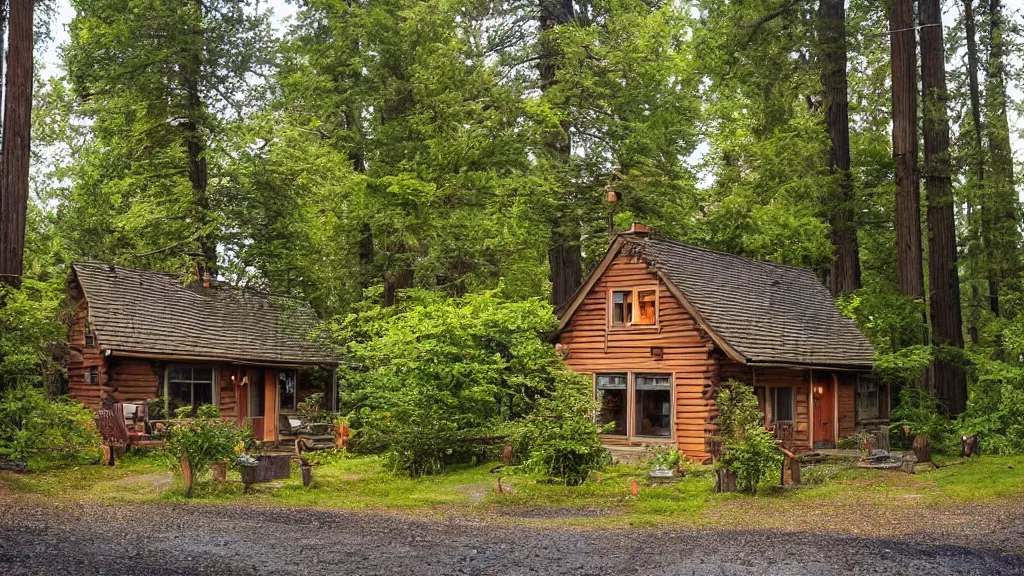 Prompt: small wooden cottage in the forest, chairs the porch, smoke coming out of the chimney, dusk, redwood trees, peaceful, river running past the cottage, a wooden rowing boat, galaxy in the night sky