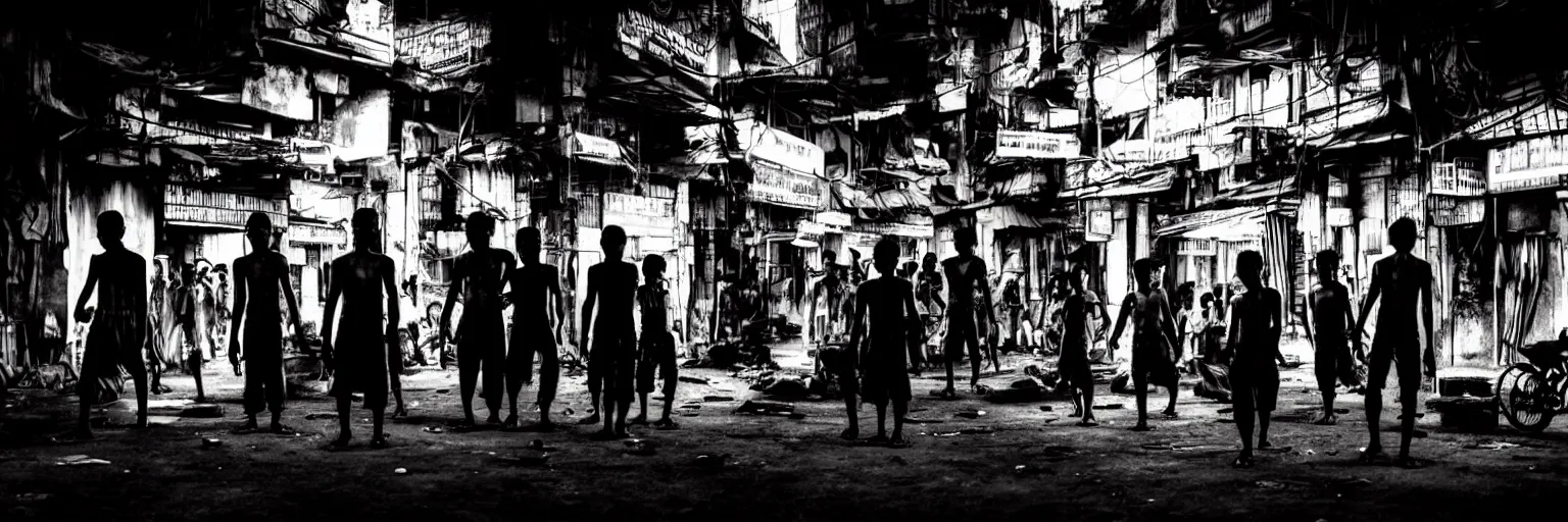 Prompt: Cyberpunk Slums Mafia gangs , futuristic Phnom-Penh Cambodia, neon dark lighting