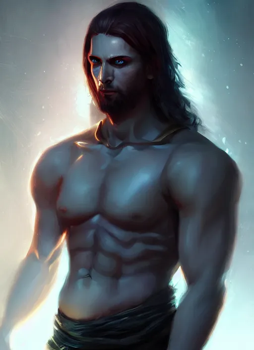 Image similar to « a portrait of a muscular cyberpunk male warrior, jesus, glowing eyes, a digital painting by charlie bowater, featured on cgsociety, fantasy art, behance hd, wiccan, artstation hd »