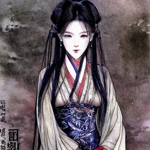 Prompt: a woman of hanfu style, painted by luis royo