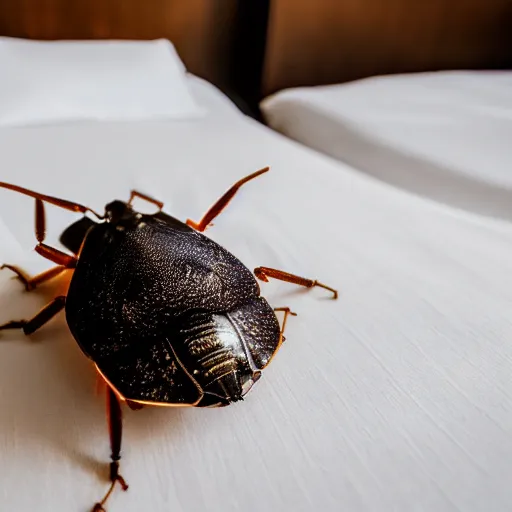 Prompt: a giant brown marmorated stink bug on a bed in a hotel room, bug, beetle, hotel, bed, pentatomidae, halyomorpha halys, canon eos r 3, f / 1. 4, iso 2 0 0, 1 / 1 6 0 s, 8 k, raw, unedited, symmetrical balance, wide angle