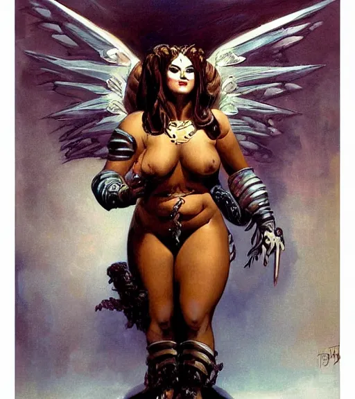 Image similar to portrait of plus size female chaos angel, beautiful! coherent! by frank frazetta, by brom, strong line, deep color, spiked metal armor, maximalist