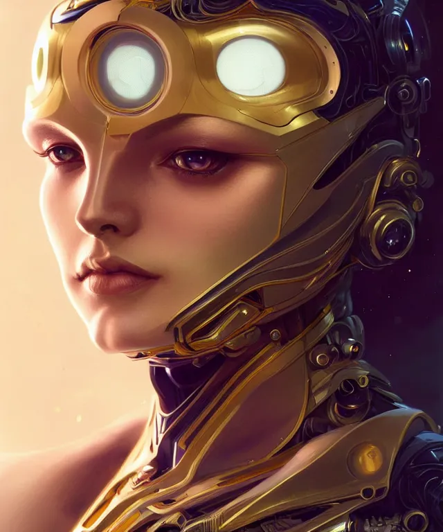 Prompt: futuristic woman android portrait, sci-fi female, azure eyes, face, short hair tomboy, cyberpunk, intricate, elegant alabaster skin, highly detailed gold filigree, digital painting, artstation, concept art, smooth, sharp focus, illustration, art by artgerm and greg rutkowski and alphonse mucha