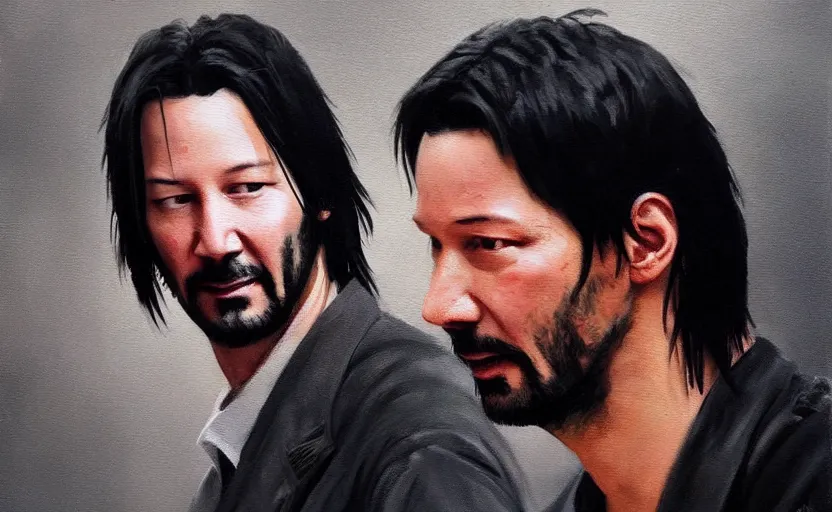 Image similar to a painting of keanu breathes trending on artstation in the style of greg rutkowski