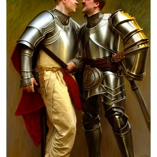 Image similar to attractive arthur pendragon and his attractive male knight, they are in love, natural lighting, path traced, highly detailed, high quality, digital painting, by gaston bussiere, craig mullins, alphonse mucha j. c. leyendecker