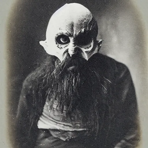 Image similar to hermit alchemist wearing scary clothing, 1900s photograph