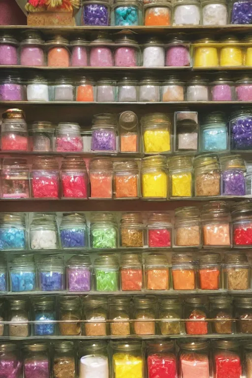 Prompt: magical, mystical shop full of jars of sweets, rainbow gouache