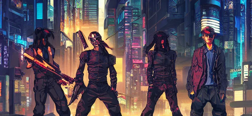 Prompt: cyberpunk gangs battle in the streets with improvised weapons, digital painting masterpiece, by ilya kuvshinov, by frank frazetta, by mœbius, by reiq, by hayao miyazaki, intricate detail, beautiful brush strokes, advanced lighting technology, 4 k wallpaper, interesting character design, stylized yet realistic anatomy and faces, inspired by kill bill animated scene