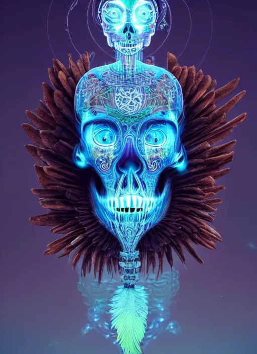 Image similar to 3 d shaman with tattoos profile portrait, sigma 5 0 0 mm f / 5. beautiful intricate highly detailed quetzalcoatl skull and feathers. bioluminescent, plasma, frost, water, wind, creature, gradient background, thunderstorm! artwork by tooth wu and wlop and beeple and greg rutkowski, 8 k trending on artstation,