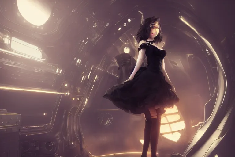 Prompt: a woman in a black dress and thigh highs in a steampunk spaceship, digital art, beautiful lighting, by wlop, by yoshitaka amano, octane render, composition, beautiful face, photorealism, steampunk, 4 k