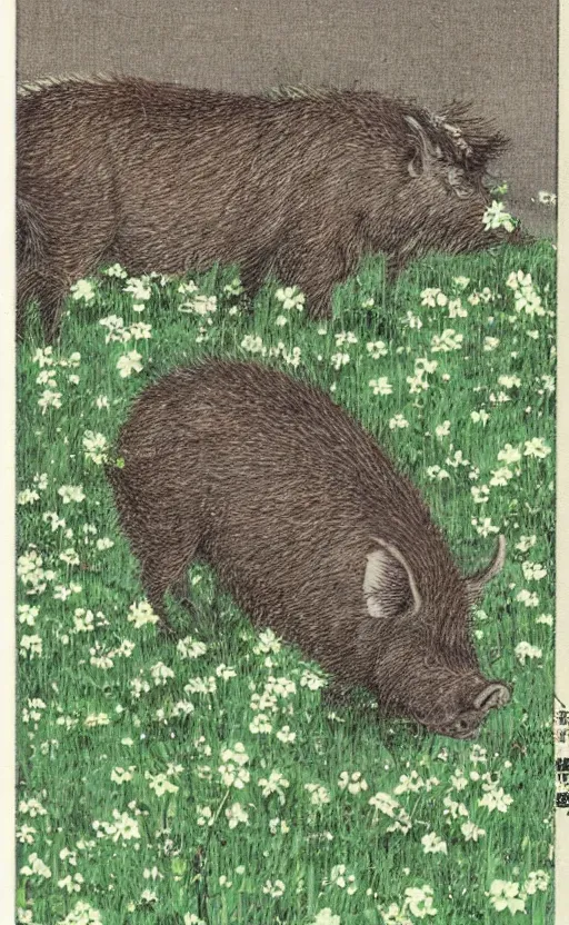 Prompt: by akio watanabe, manga art, a boar walking in a field of clovers, trading card front