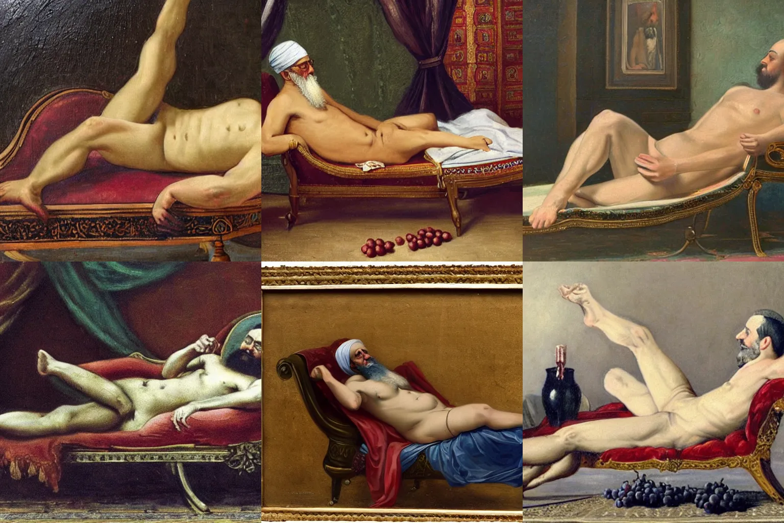 Prompt: a victorian painting of al-Zawahiri lying shirtless on a chaise longue eating grapes