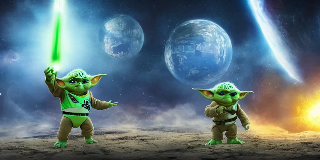 Prompt: a 3 d rendered movie still, wide - angle 1 0 0 m in the distance, baby yoda wearing a spacesuit, and exploring cosmos in a super awesome space ship. science fiction blockbuster movie, dramatic lighting, imax 7 0 mm. buzz lightyear