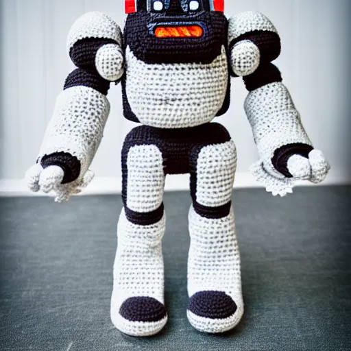 Image similar to a crochet mecha robot, Sigma 50 mm f/1.4