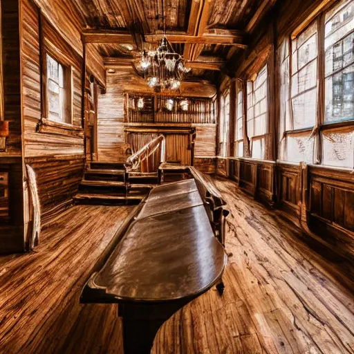 Prompt: Empty Old West Saloon at the break of day, dust particles in the air, god beams coming through the windows, hyper realistic, HD, DLSR Camera, Rococo style, Grand Piano, Staircase