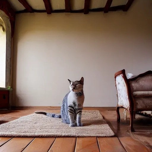 Image similar to very very very very beautiful work of art from wide angle on cat sitting in provence style interior room, matte,