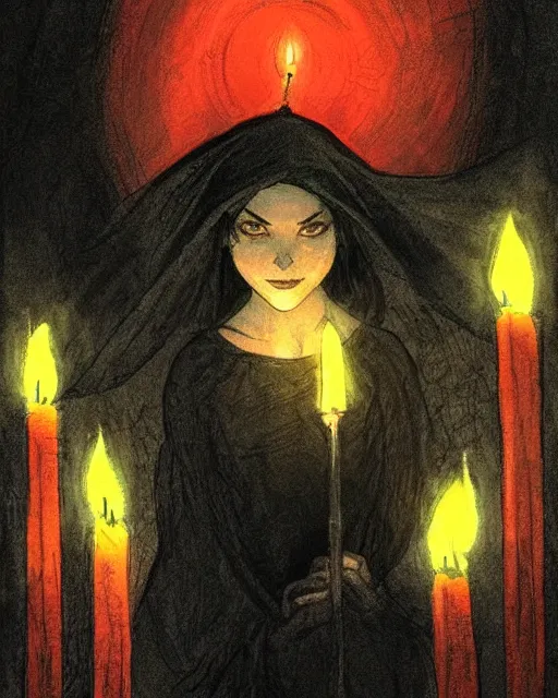 Image similar to a mystical witch in a black shawl, surrounded by lit red candles floating in the air, in an underground dungeon. by abigail larson