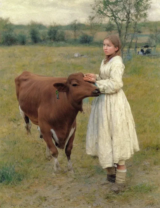 Image similar to portrait of peasant girl petting a cow on a farm, cottage core, polaroid photo bleached vintage pastel colors high - key lighting, soft lights, foggy, by steve hanks, by lisa yuskavage, by serov valentin, by tarkovsky, 8 k render, detailed, oil on canvas