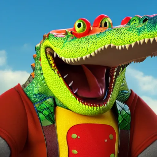 Image similar to 3 d render, anthropomorphic alligator, red scales on his back, yellow scale on his belly and chest, male, waring a hawaiian shirt, in the style of zootopia, hd, 4 k, high definition background