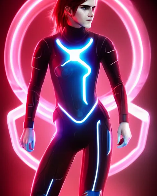 Prompt: portrait shot of emma watson in tron legacy cosplay, epic pose, concept art, by artgerm and luis royo, award winning professional photography, cinematic, octane render