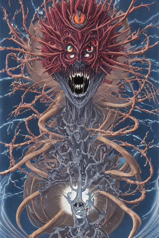 Image similar to Anime Character ryuk in the center giygas epcotinside a space station eye of providence Beksinski Finnian vivid HR Giger to eye hellscape mind character Environmental