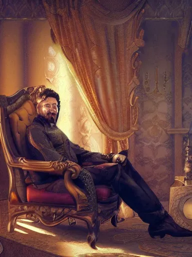 Prompt: a pleasured happy noble man siting in his armchair. intricate, elegant, highly detailed, digital painting, artstation, concept art, sharp focus, illustration, by justin gerard and artgerm, 8 k