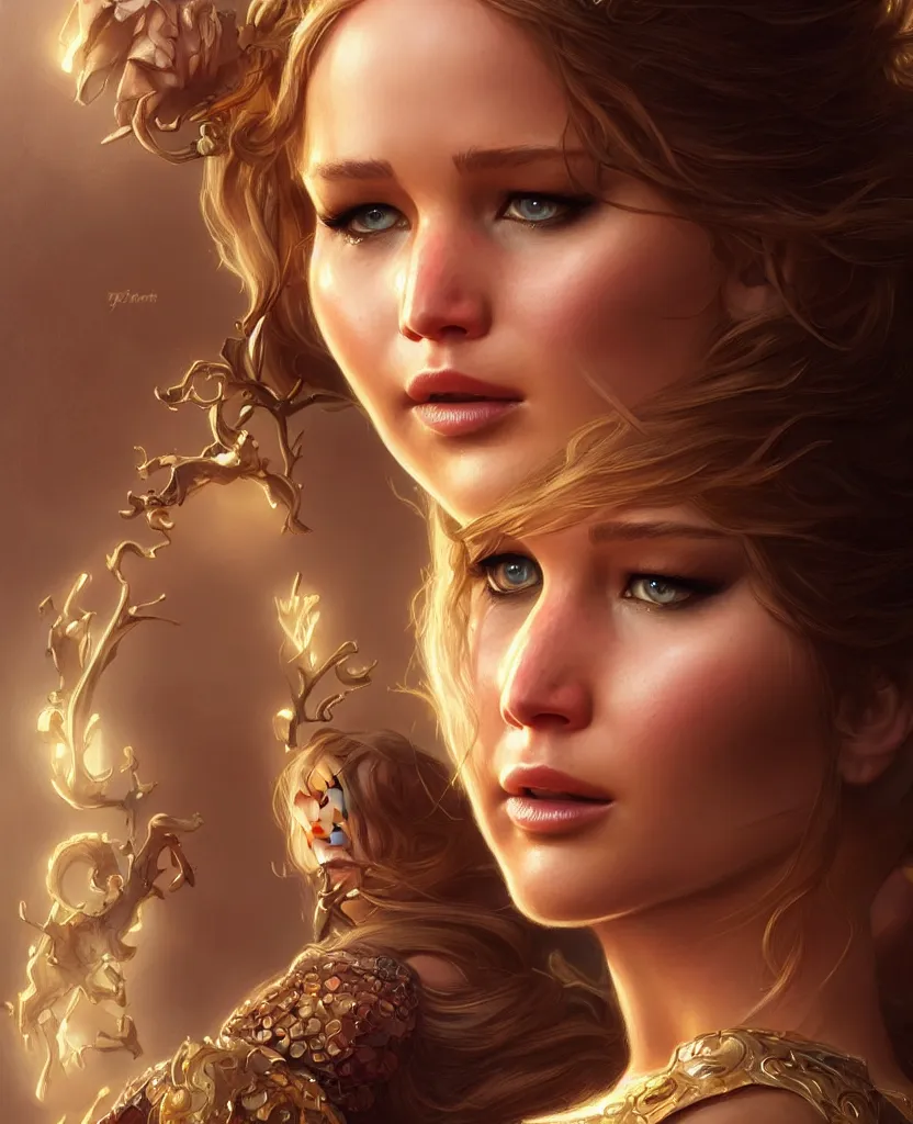 Image similar to Jennifer Lawrence, closeup, D&D, fantasy, intricate, elegant, highly detailed, digital painting, artstation, concept art, matte, sharp focus, illustration, hearthstone, art by Artgerm and Greg Rutkowski and Alphonse Mucha