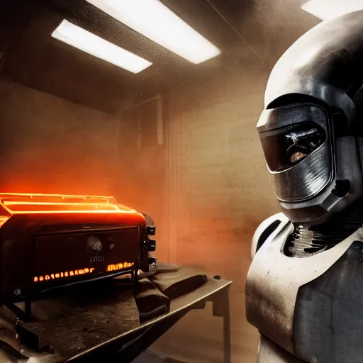 Image similar to head of toaster oven mecha, dark messy smoke - filled cluttered workshop, dark, dramatic lighting, orange tint, cinematic, highly detailed, sci - fi, futuristic, movie still