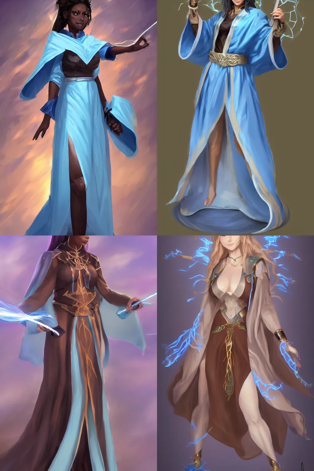 Prompt: Beautiful 40 years old lady, Illusion master, Sky blue Robes, light brown straight hair, dark brown skin, floating energy swords, high fantasy, trending in artstation, artstationHD, artstationHQ, safebooru