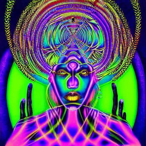 Prompt: an 8k resolution blacklight poster of an african queens 3rd eye activating in a surreal portrait style, by alex grey, highly detailed eyes