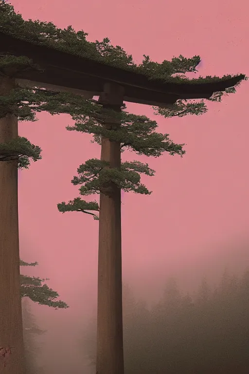 Prompt: Japanese Torii in the center of the picture , torii in a moutain with trees ,night , by Grzegorz Rutkowski, concept art, pink scheme,horizontal symmetry