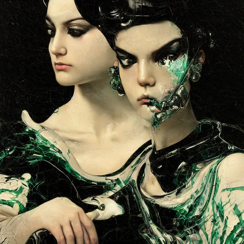 Prompt: a dark baroque close - up portrait of a deep green and white porcelain being made out of white sci - fi vitrified translucent ceramic marble ; china. reflective detailed textures. gloomy black background. highly detailed fantasy science fiction painting by moebius, norman rockwell, frank frazetta, and syd mead. rich colors, high contrast. artstation