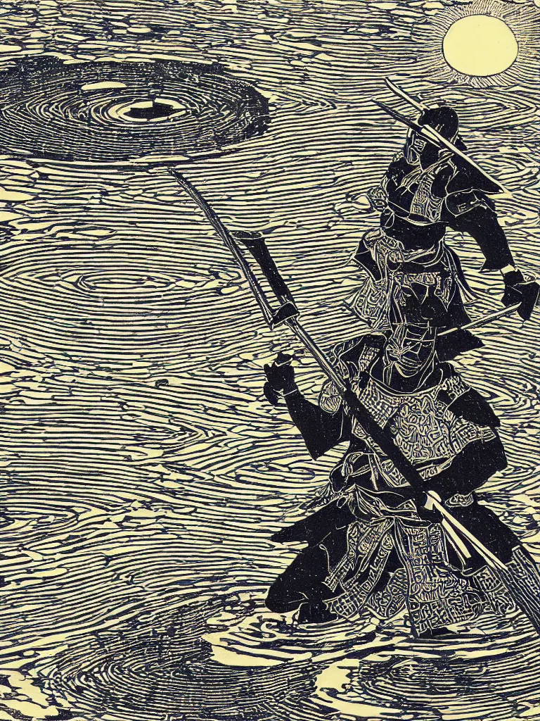 Image similar to old printmaking woodblock print of a samurai (in the middle of the composition, centered) with a katana standing in water with ripples around him, a big sun above. beautiful dark fantasy, 8k detail